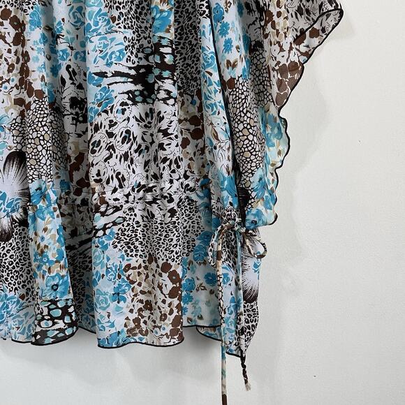 Sere Nade Top M Blue Brown Animal Chiffon Drawstring Split Sleeve Popover Boho - Picture 2 of 9